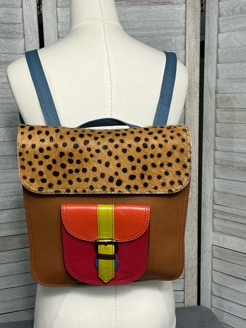 Soruka Leather Backpack Crossbody Bag Hair On Hide Cheetah Multicolor